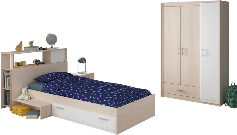 CHARLEMAGNE - Complete Kinderkamer - Licht en Witte Acacia Decoratie - Hoofdbord Bed Kledingkast