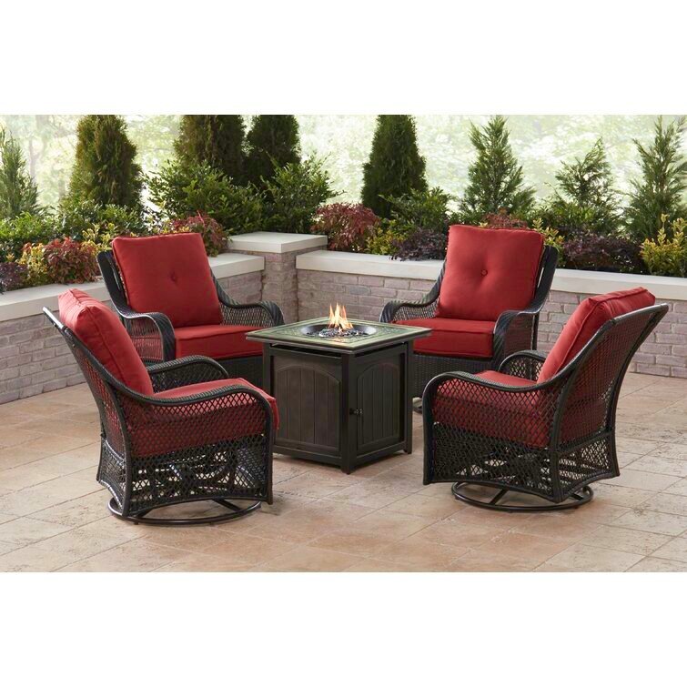 3/5-Piece Steel Patio Fire pit Conversation Set with Sahara Sand Cushions and 26 in. Square Fire pit Side Table