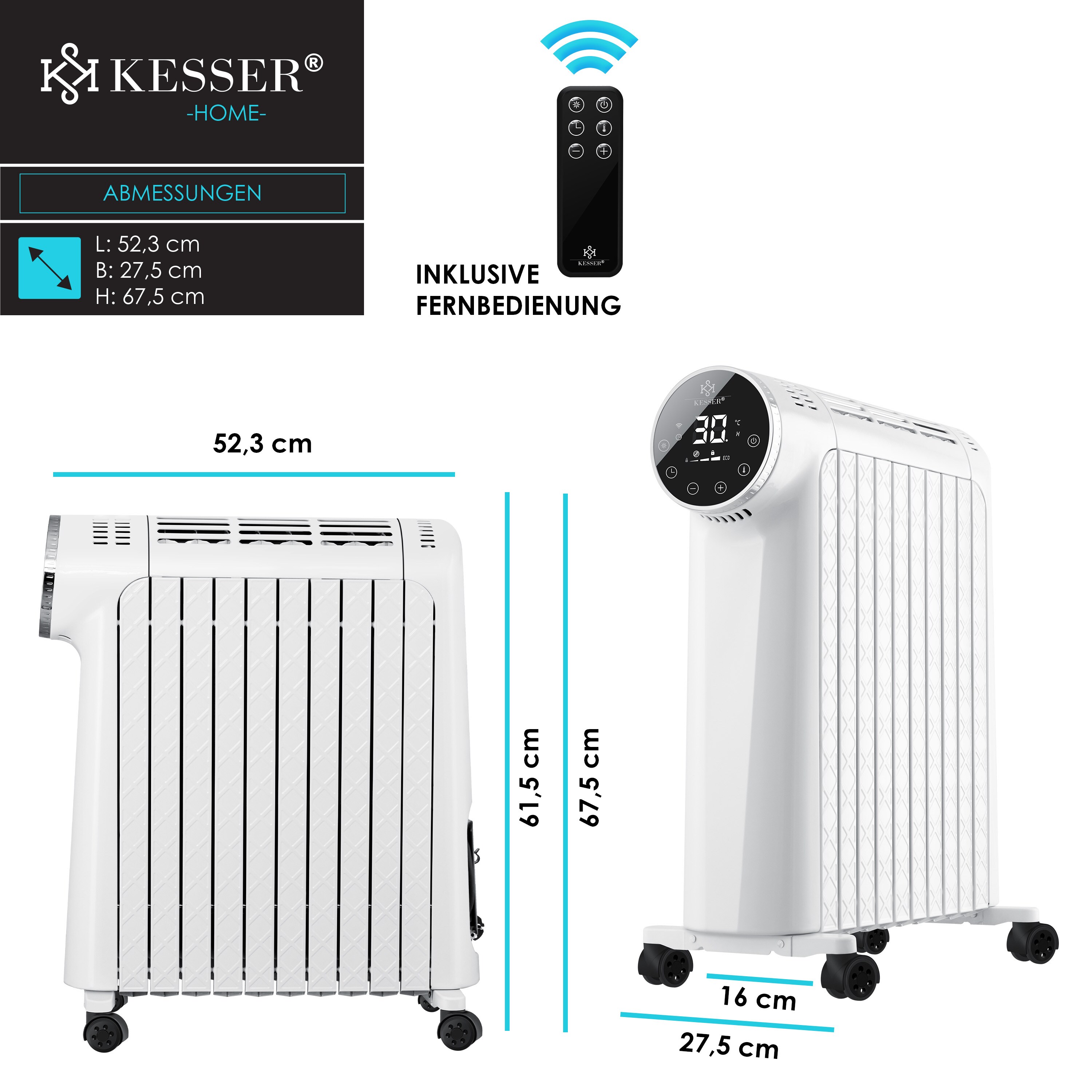 KESSER® Ölradiator 2500W Elektrische Heizung Heizkörper Elektroheizungenergiesparend mit Display WiFi App & Fernbedienung Touchscreen - Mobil Öl Radiator 24h Timer, Thermostat & Überhitzungsschutz