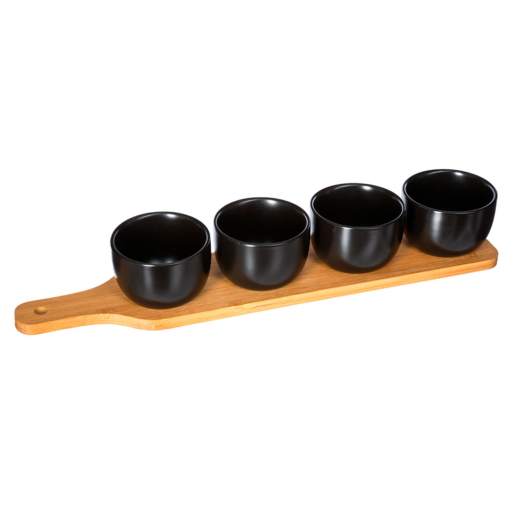 Plateau apéritif bambou et 4 coupelles grès noires