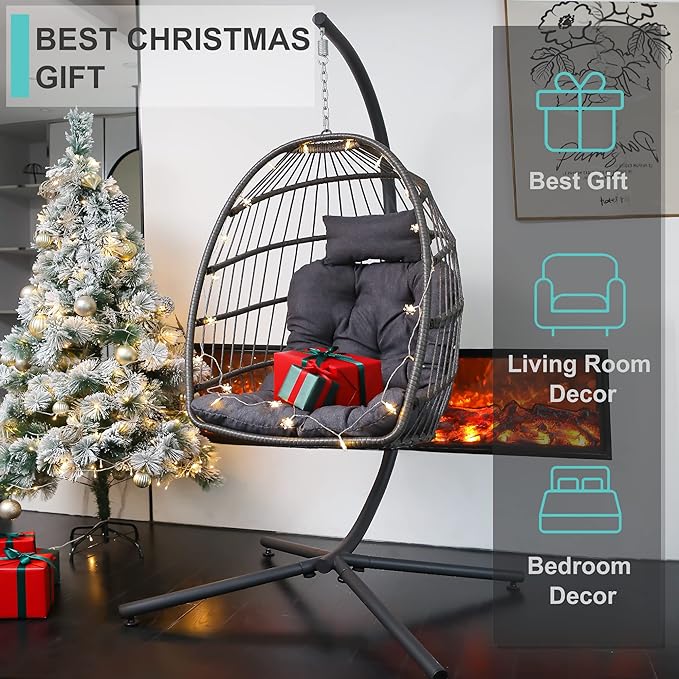 SWITTE Hanging Egg Chair with Stand, Egg Swing Hammock Chair with Stand, Indoor Outdoor Wicker Egg Chair with Cushion Headrest for Patio Bedroom Porch Garden, 350LBS Capacity(Dark Grey)
