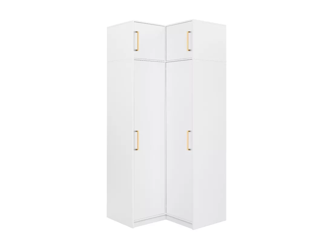 Armoire d'angle 6 portes et 3 tiroirs - Avec miroirs - L311 cm - Blanc + Réhausses - LIZANDRO