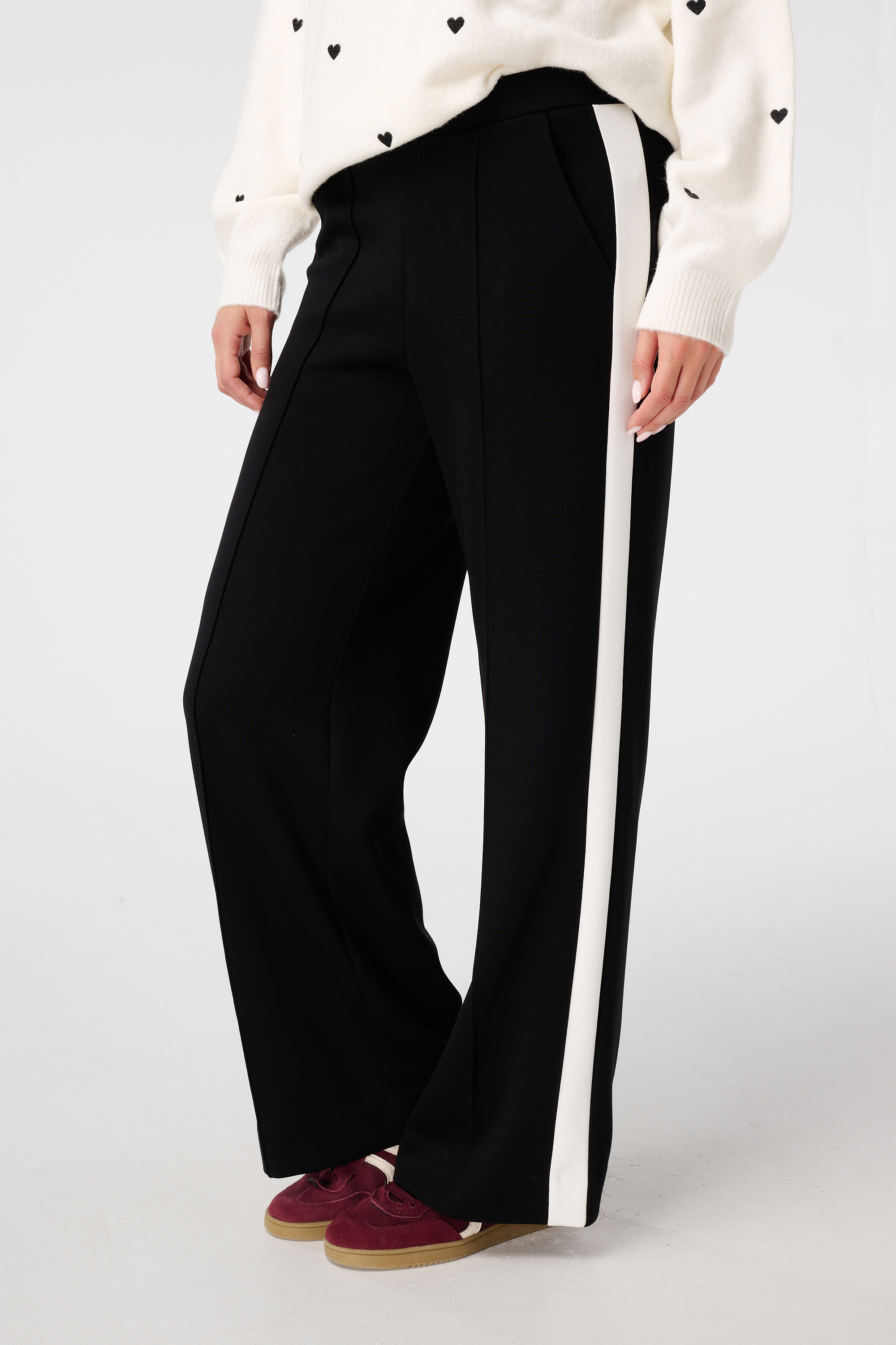 Wijde pantalon met contraststreep Zwart