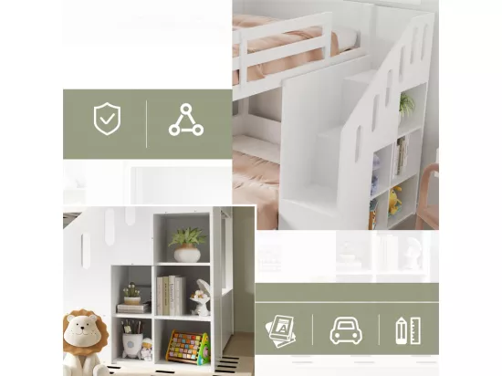 Lit superposé pour enfant - 2x90x200 cm - avec casier d'escalier et garde-corps - Blanc (sans matelas)