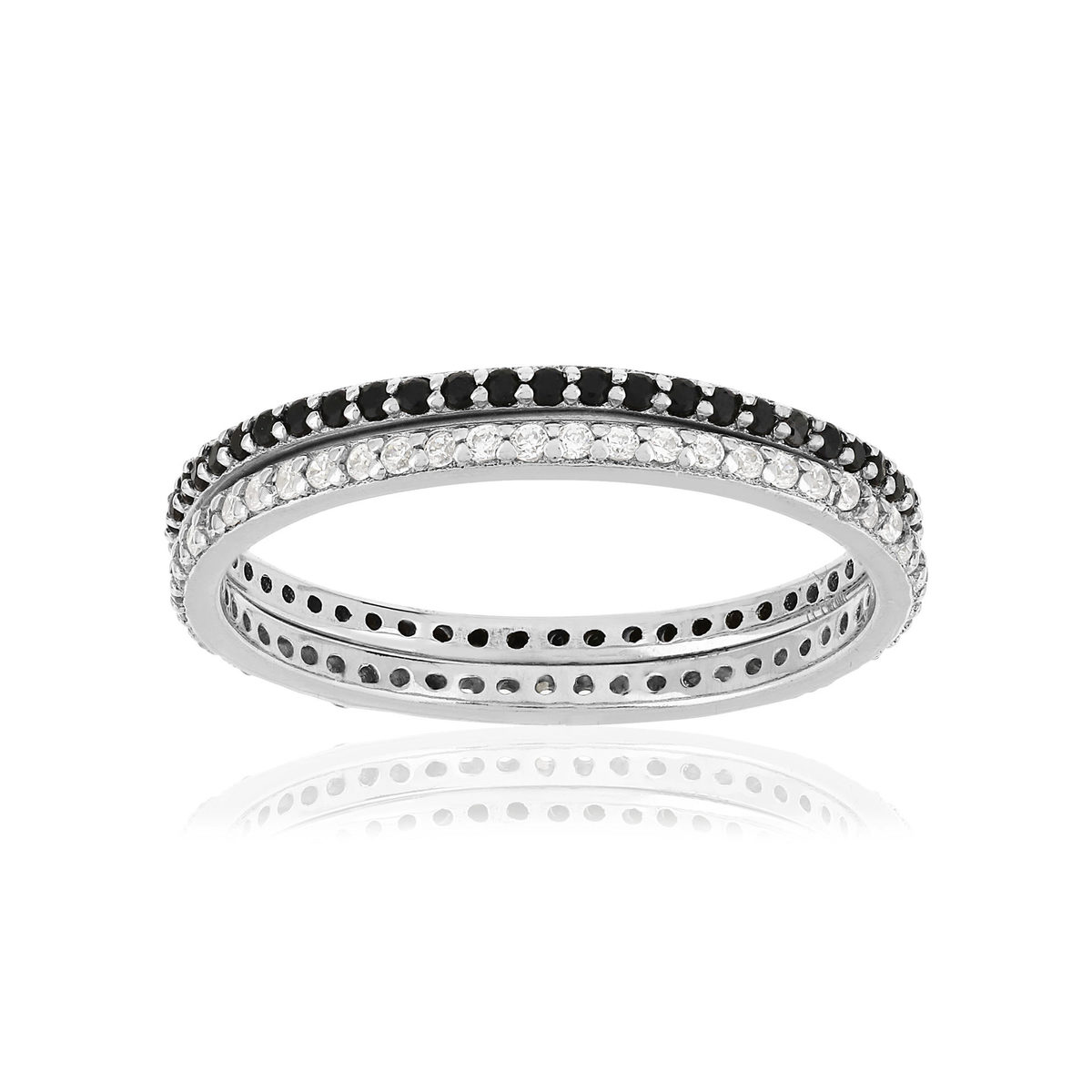 Duo bague alliance tour complet argent 925 zirconias noirs et blancs
