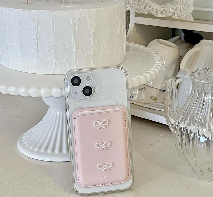 Karnemelk - Magnetische telefoonkaarthouder van imitatieleer met strik