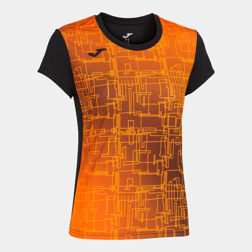 Camiseta Joma Elite VIII de manga curta, preta e laranja.