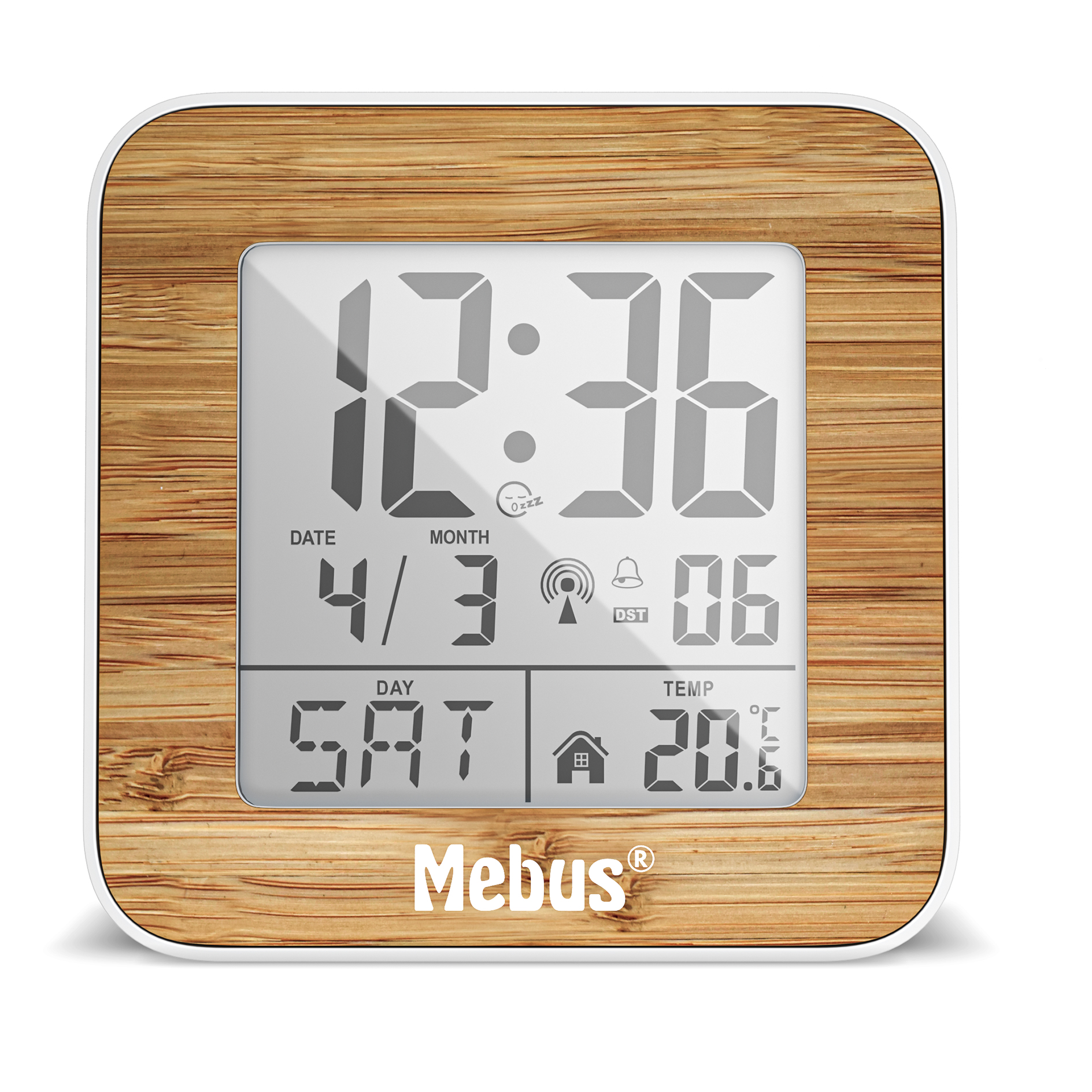 Funk-Wecker digital - weiß-Holzoptik - Innenthermometer