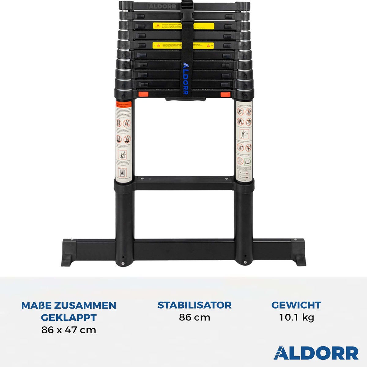 ALDORR Professional - Telescopische ladder van 3,20 m met uitschuifbare stabilisatiestang - Draagvermogen tot 150 kg - Soft-Close systeem