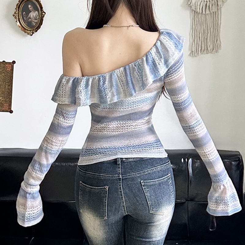 PolkaBella - Lange mouwen off-shoulder kleurblok geplooide geperforeerde slim fit crop top