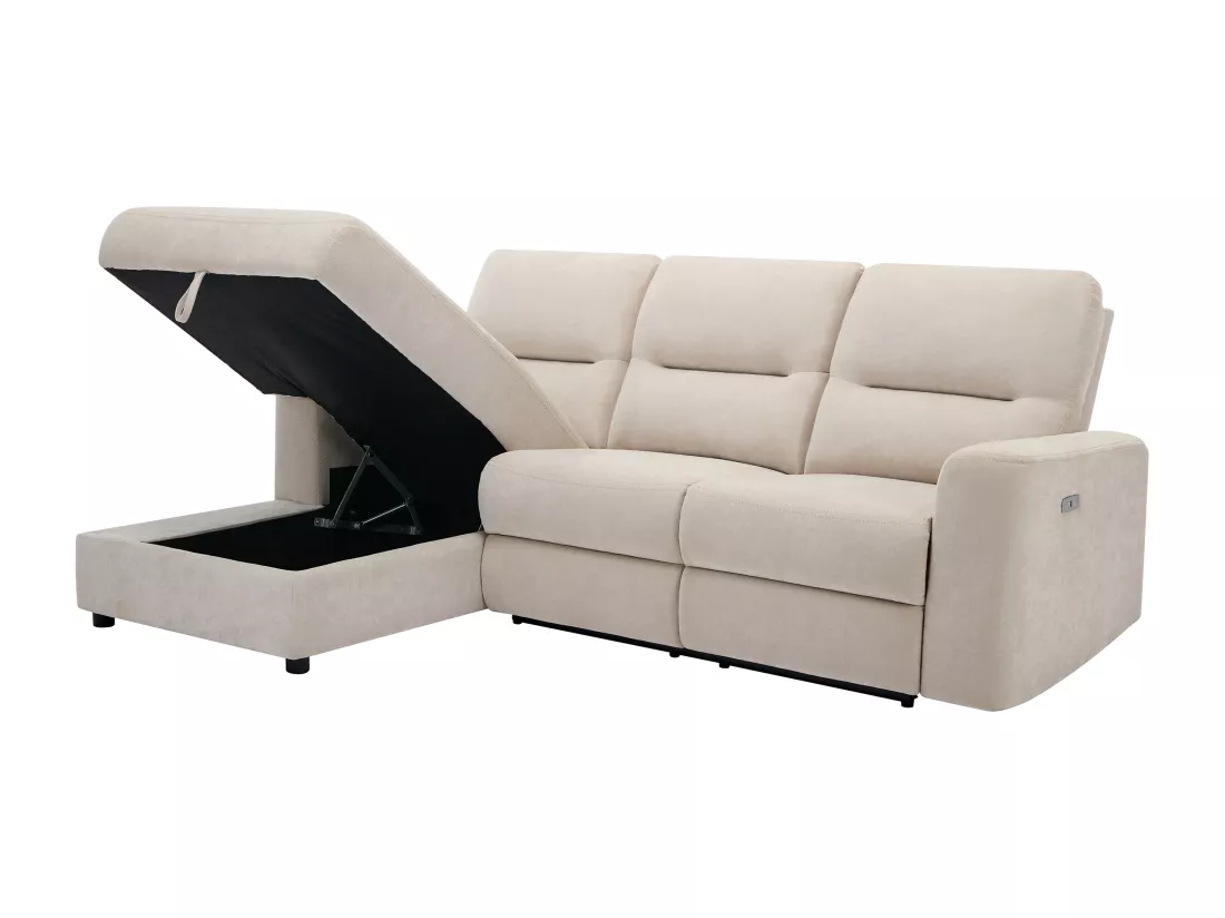 Canapé d'angle gauche relax électrique avec rangements en tissu beige BURIOCA