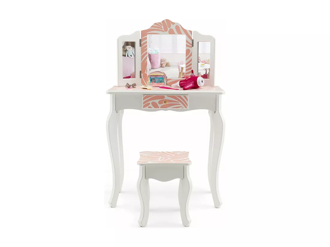 2 en 1 Coiffeuse Enfants Fille avec Miroir Amovible à 3 Volets & Tabouret, Table de Maquillage avec Tiroir & Dispositif Anti-Basculement, Charge 50kg pour Enfants de 3-7 Ans (Imprimé zèbre)