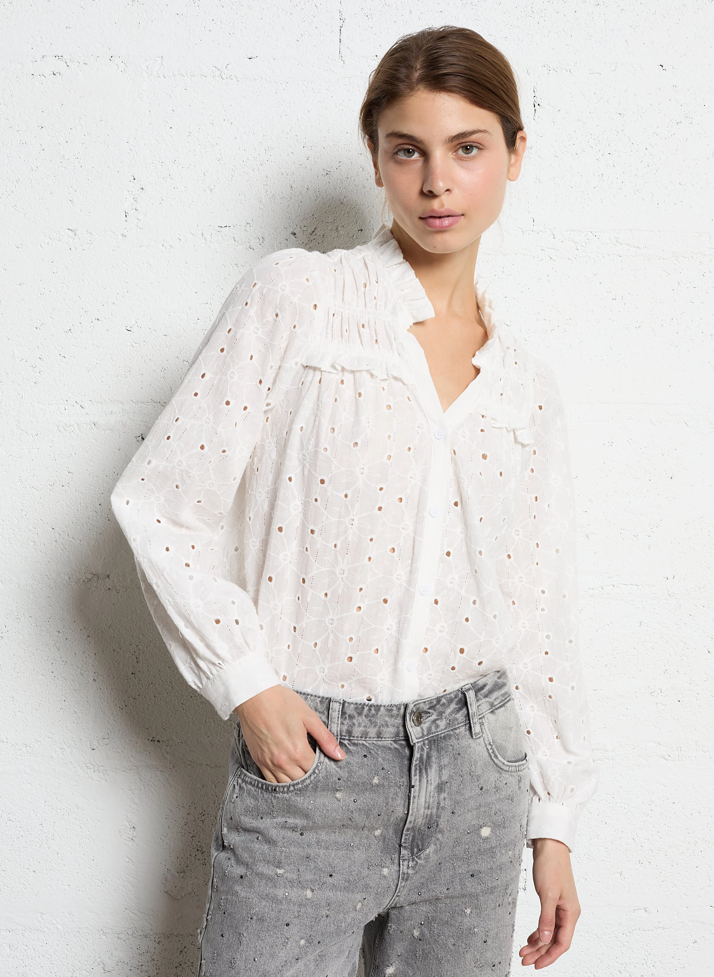 Chemise droite brodée en coton | Blanc