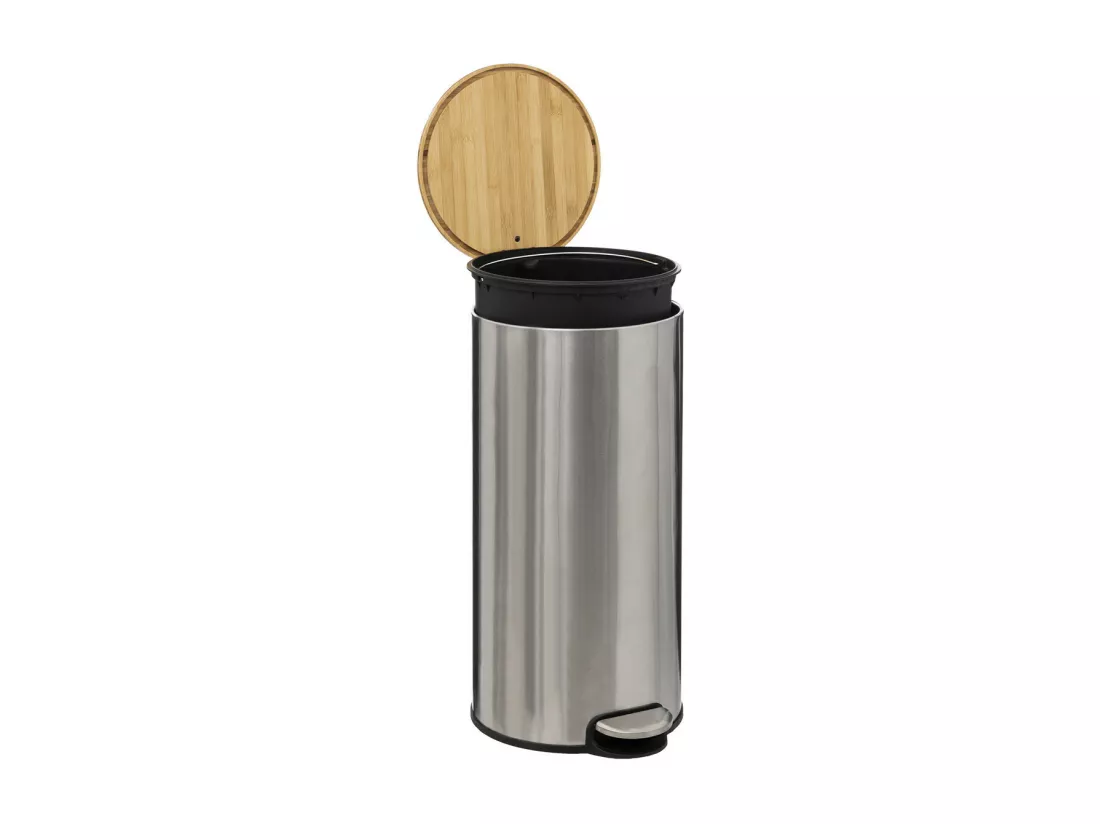 Poubelle 30 Litres en Métal Inox et Couvercle en Bambou