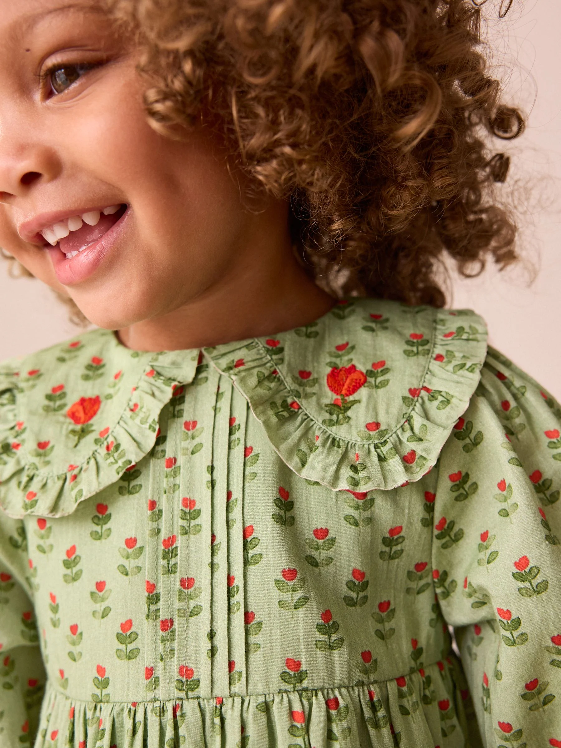 Groen met print - Collar Long Sleeve Dress (3mths-8yrs)