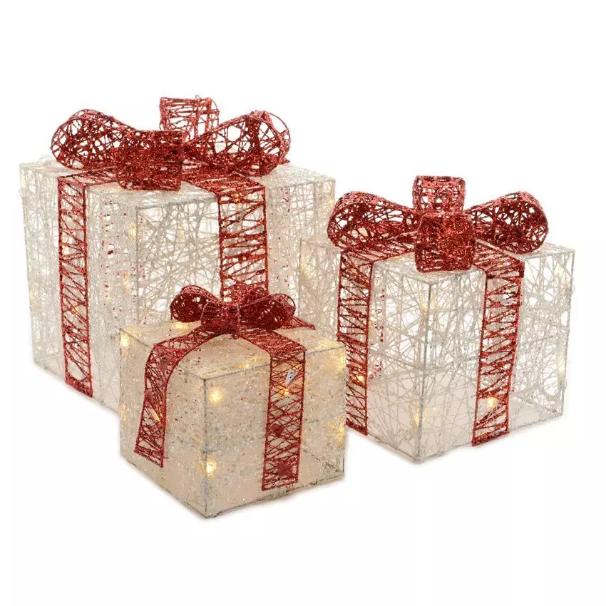 Lot de 3 cadeaux lumineux 65 LED (H25 cm) Santa blanc et Blanc chaud