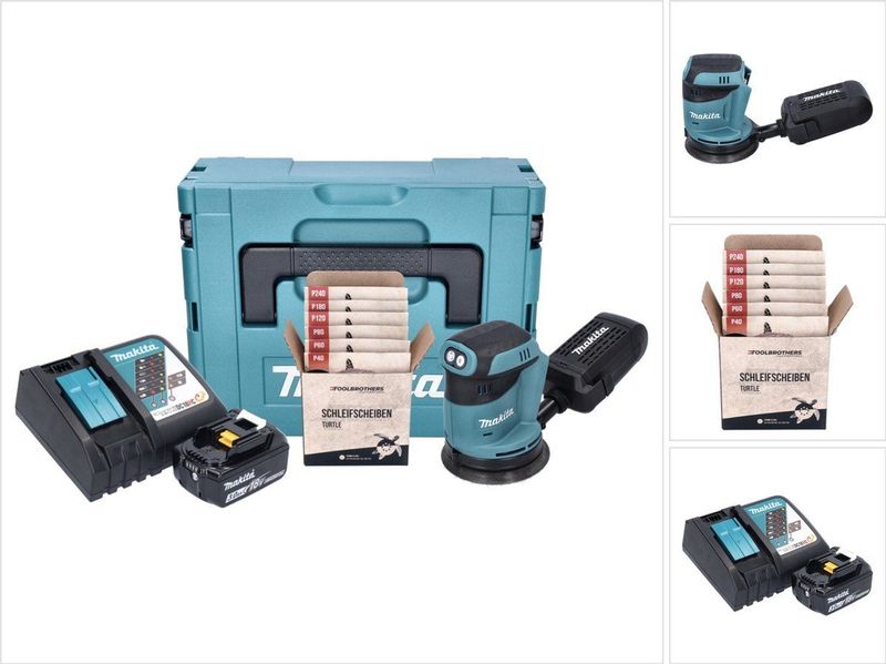 Makita DBO 180 RF1J accu excentrische schuurmachine 18 V 125 mm + 1x accu 3,0 Ah + oplader + Toolbrothers TURTLE schuurset + Makpac