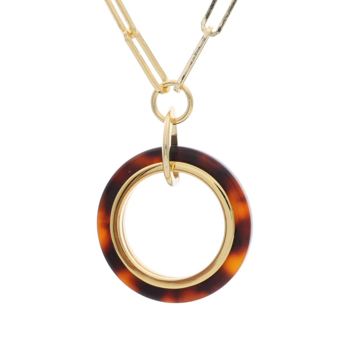 Collier En Argent Doré Et Pendentif Cercle En Acétate Marron