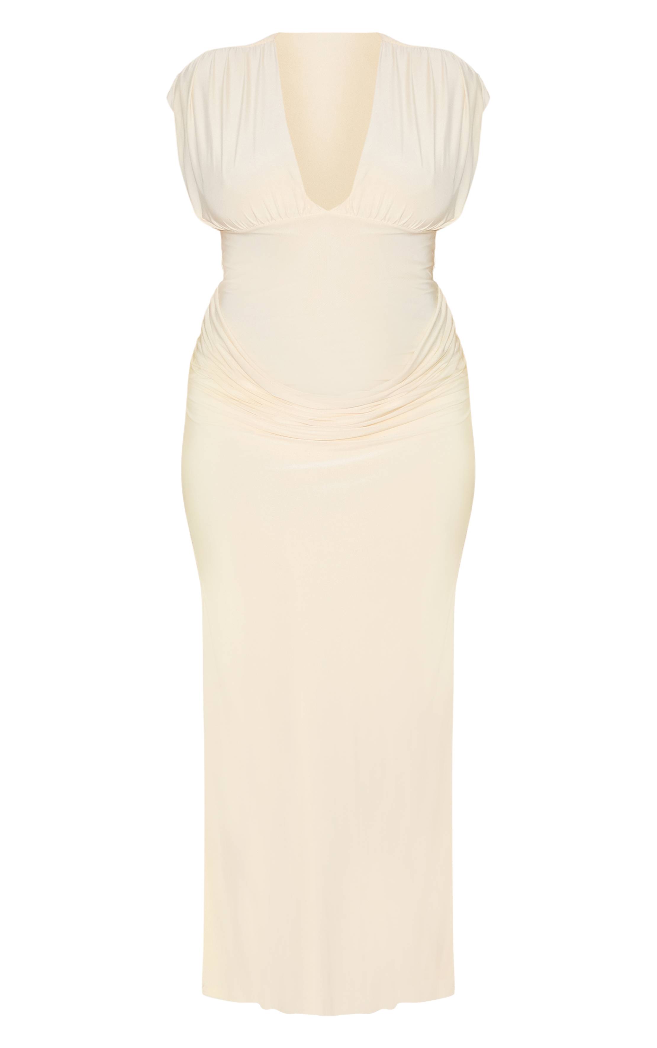Crème Robe Longue Grande Taille Double Couche Décolleté Plongeant Épaules Froncées Taille Drapée
