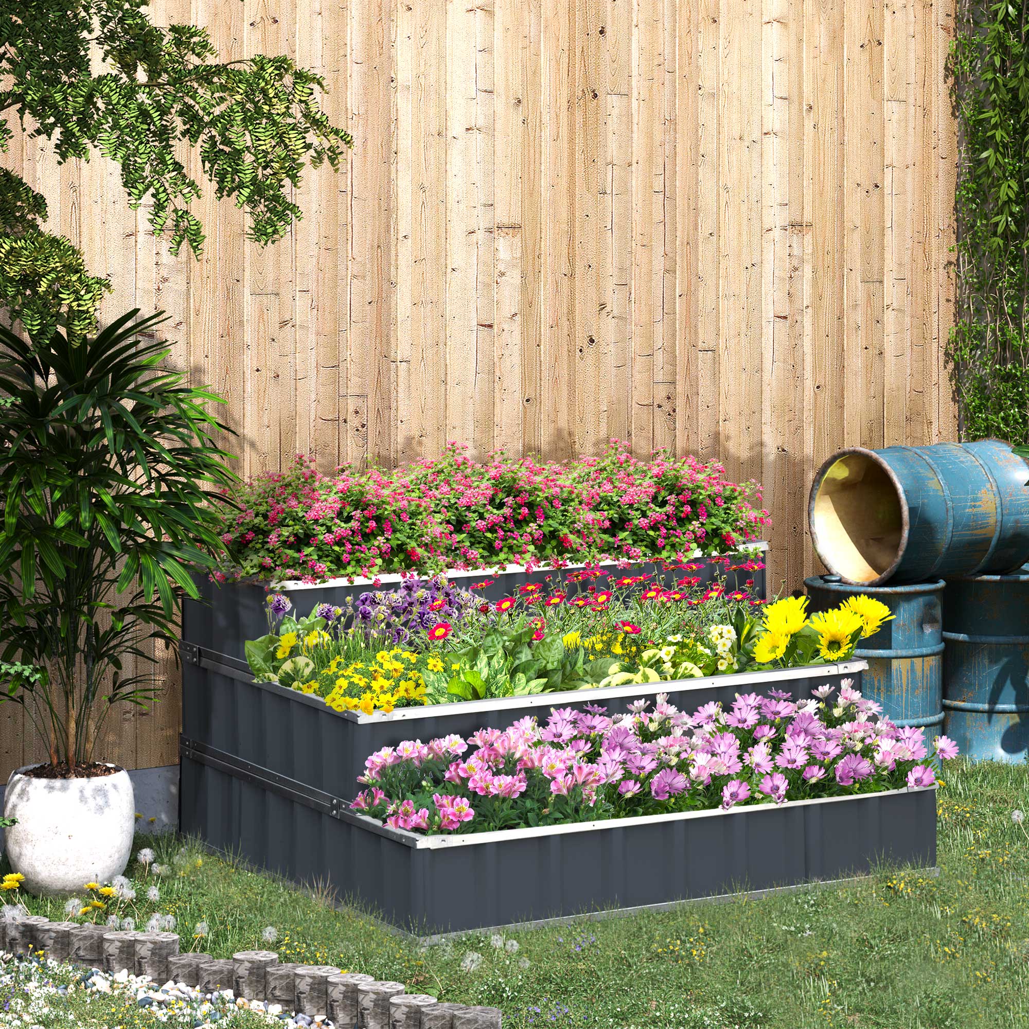 Jardineira urbana Outsunny de 3 níveis, em aço, 118x118x62 cm, estilo escada, para plantas e flores, ideal para terraços externos, cinza.