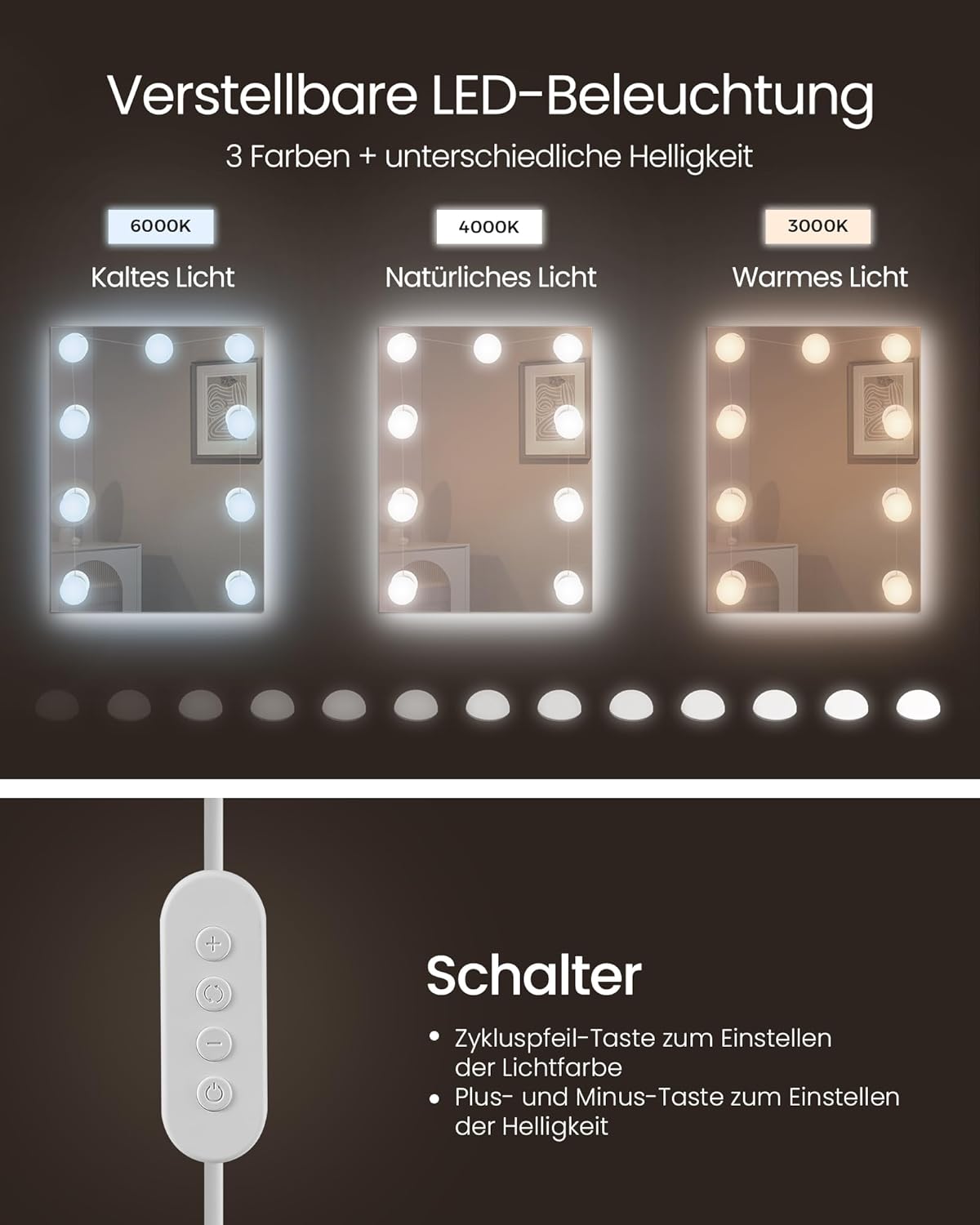 VASAGLE Schminktisch mit Beleuchtung, einstellbare Helligkeit, Frisiertisch mit Spiegel, Kosmetiktisch mit verstellbaren Ablagen, 2 Schubladen, modern, wolkenweiß RDT126W01