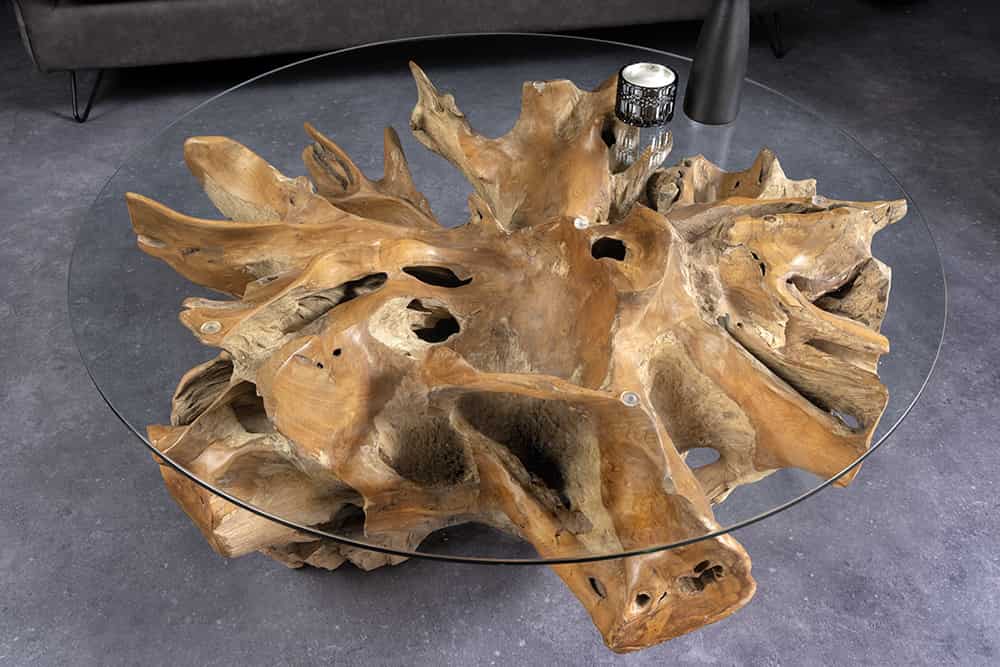 Runder Couchtisch ROOT 100cm natur Teak Massivholz aus Wurzelholz mit Glasplatte