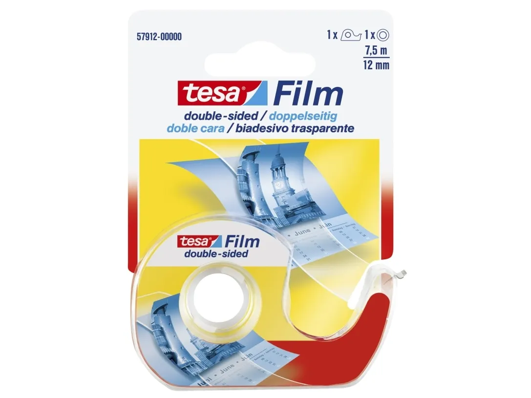 Dobbeltklæbende kontortape Tesafilm, 12 mm x 7,5 m, med dispenser