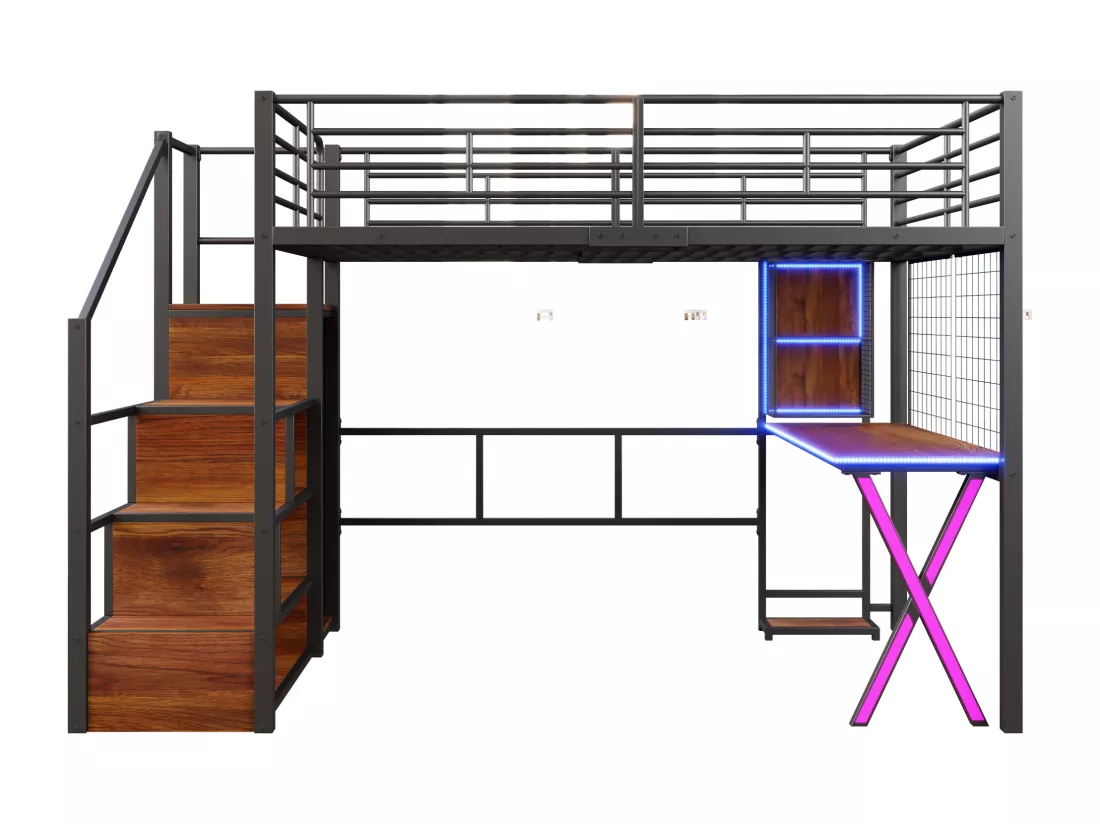 Lit mezzanine 140x200cm avec LED - bureau + penderie + échelle de rangement - Noir