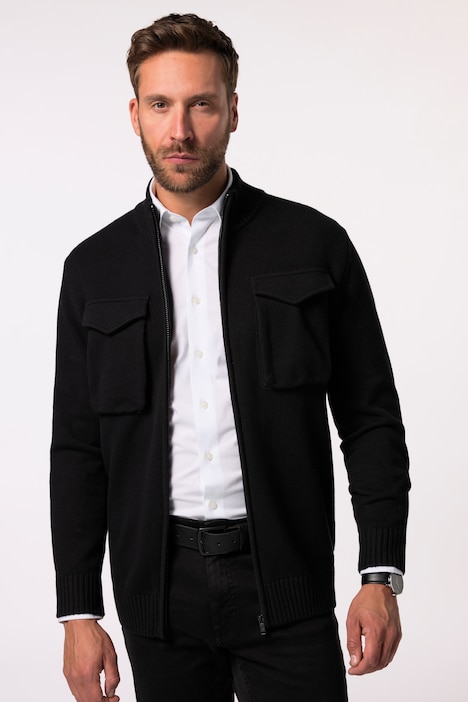 Strickjacke, Pattentaschen , Stehkragen, Zipper