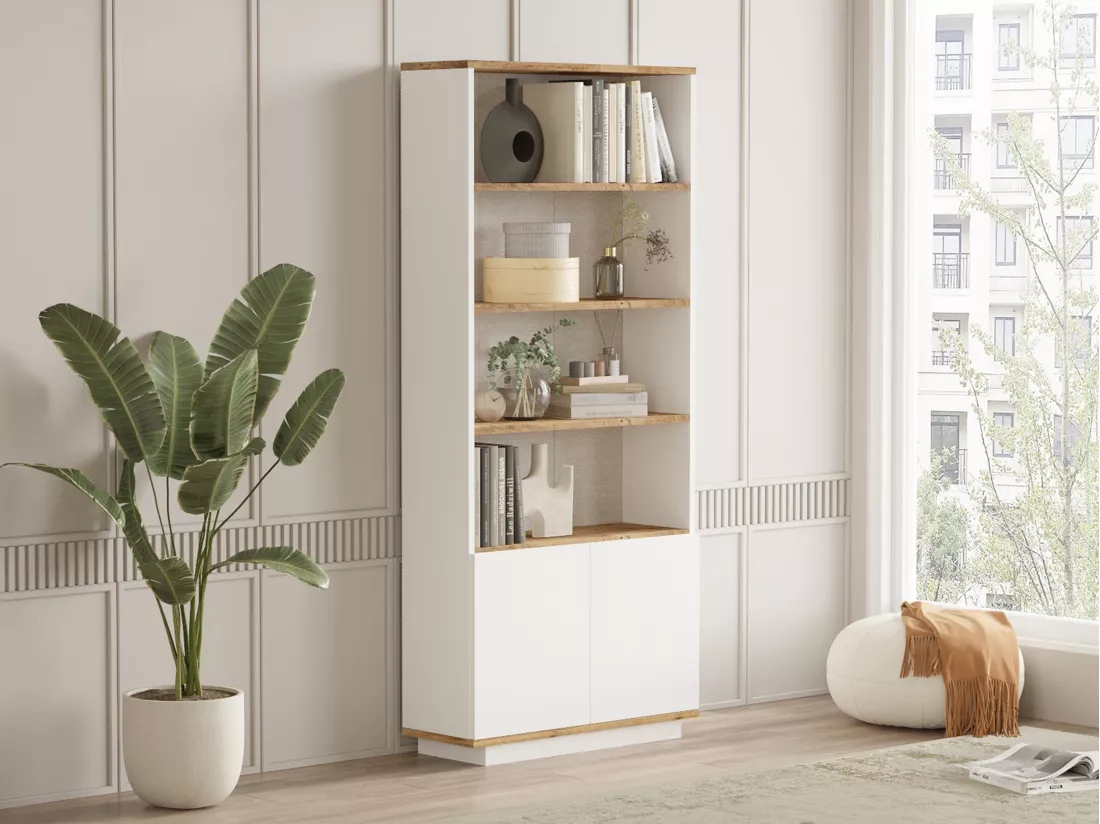 Bibliothèque avec 2 portes et 4 niches - Blanc et naturel - LOTULA