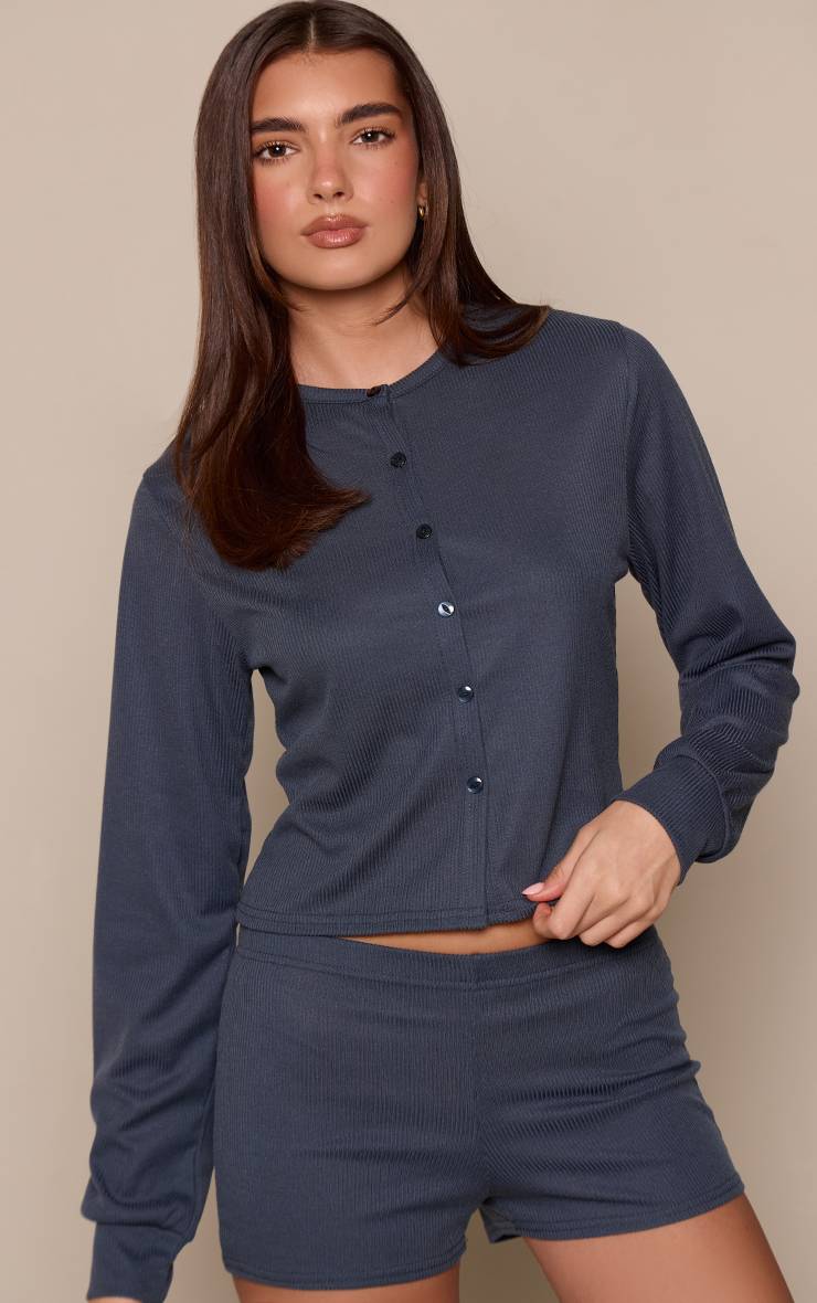 Charcoal Grey Cardigan Côtelé À Taille Cintrée