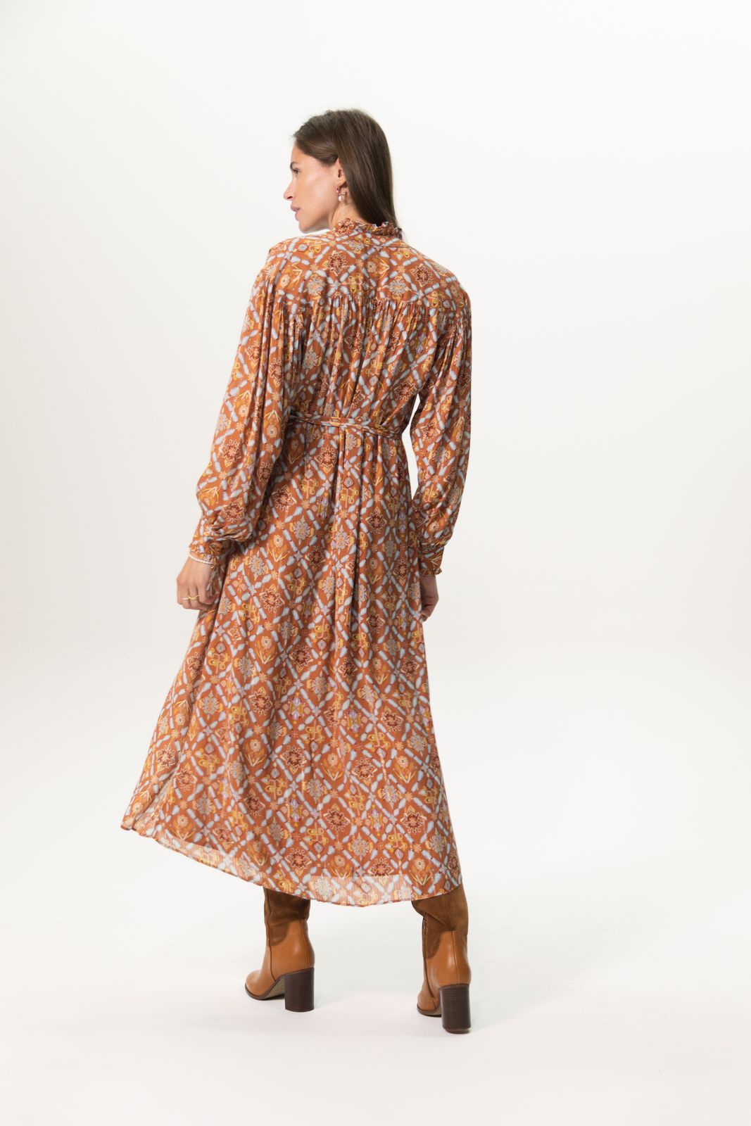 Bruine maxi jurk met multicolour print en overslag