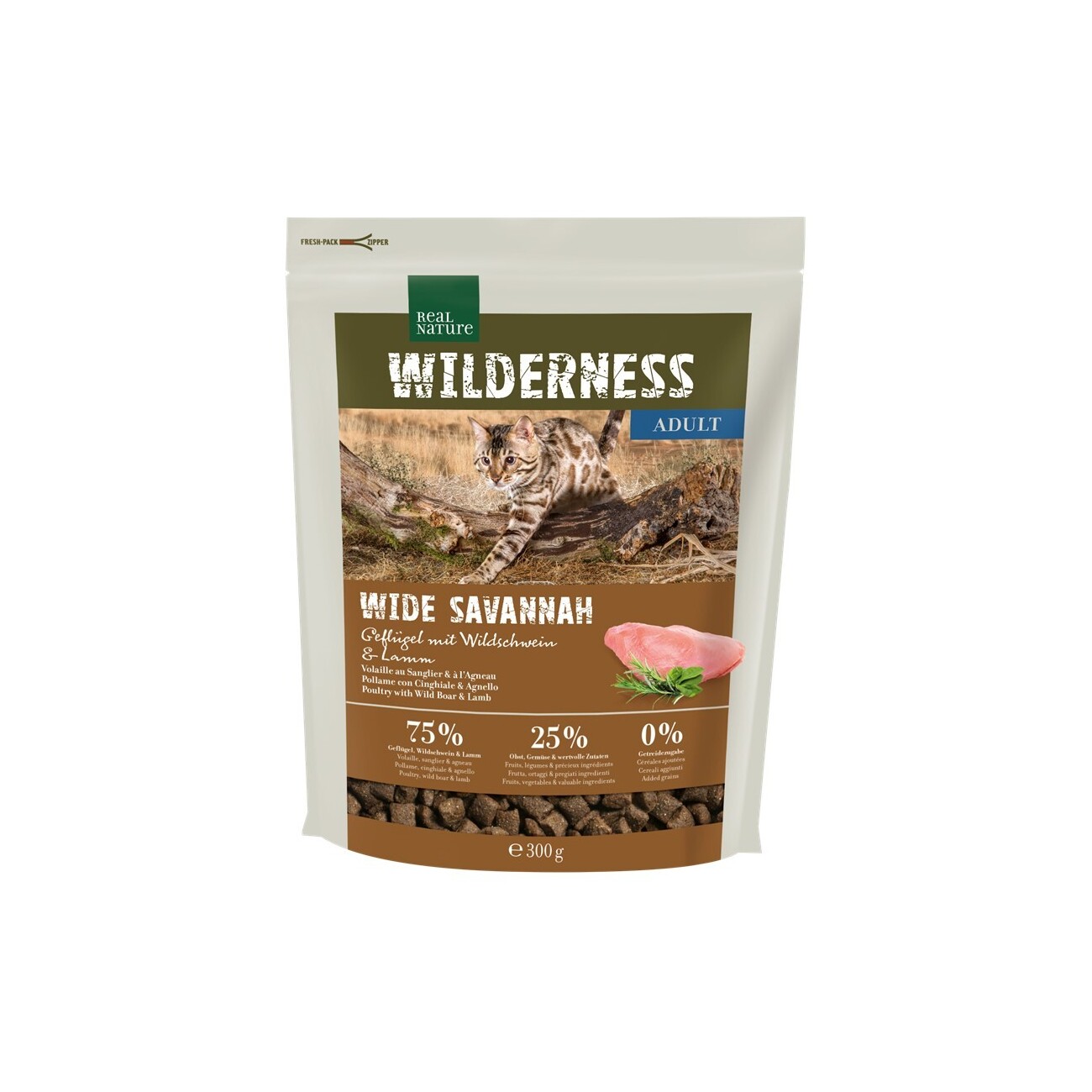 REAL NATURE WILDERNESS Trockenfutter Katze, Adult, Wide Savannah, Geflügel mit Wildschwein und Lamm 300 g