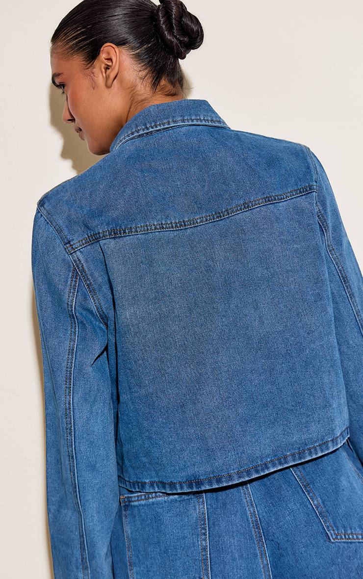 Mid Blue Wash Chemise En Jean Décontractée À Manches Longues Et Coupe Courte