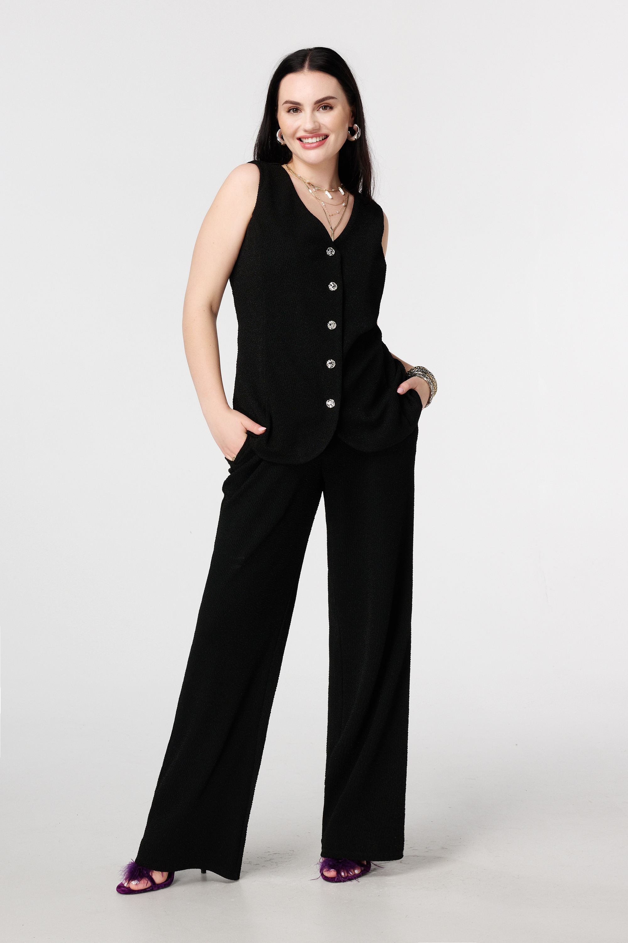 Broek met lurex en elastische tailleband Zwart
