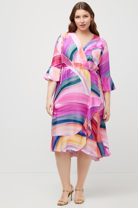 Midikleid, Regenbogen, Volants, V-Ausschnitt, 3/4-Arm