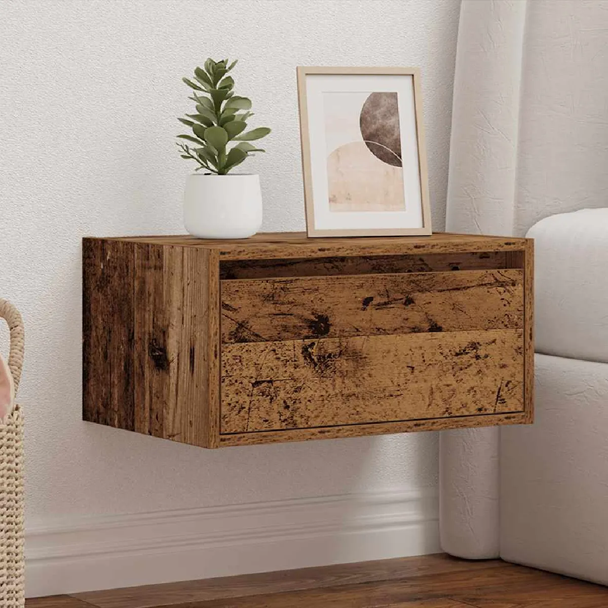 vidaXL Table de chevet murale avec lumières LED vieux bois