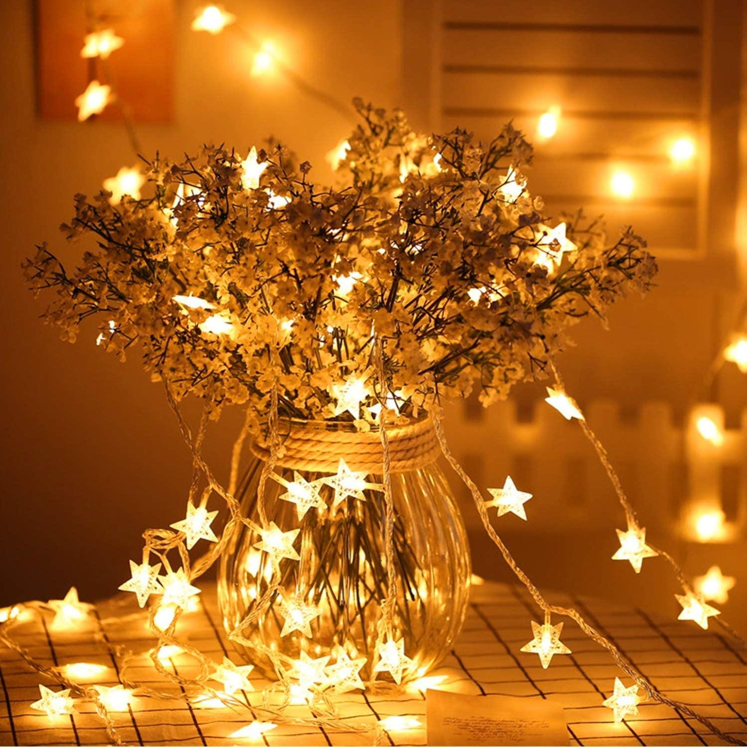 (5m) 50 LED's Weihnachts Deko Lichterkette Sternen Beleuchtung (Batteriebetrieben) - Warmweiss