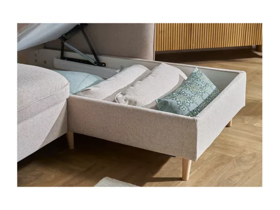 Canapé d'angle convertible réversible avec coffre 3-4 places en tissu beige et bois clair DRISS