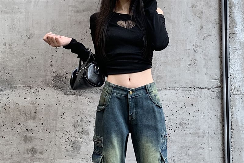 Kenning - High Waist Washed Wide Leg Cargo Jeans