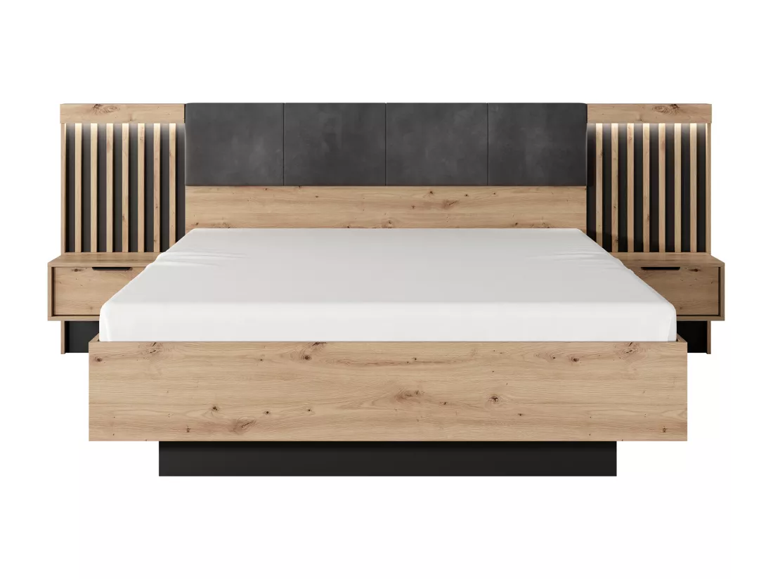 Ensemble lit avec chevets 160 x 200 cm + Sommier + Matelas + Commode + Armoire - Coloris : Naturel et noir - ARIADA