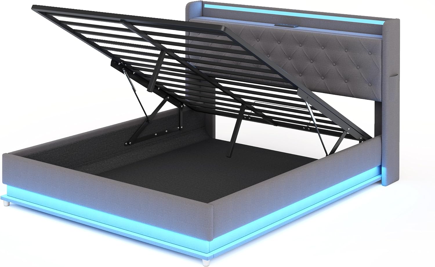 Polsterbett Doppelbett Bett 140x200 cm mit Stauraum und Kopfteil, Hydraulisches Stauraumbett mit USB und LED, Jugendbett Bettgestell mit Lattenrost, Leinen, Grau, Ohne Matratze