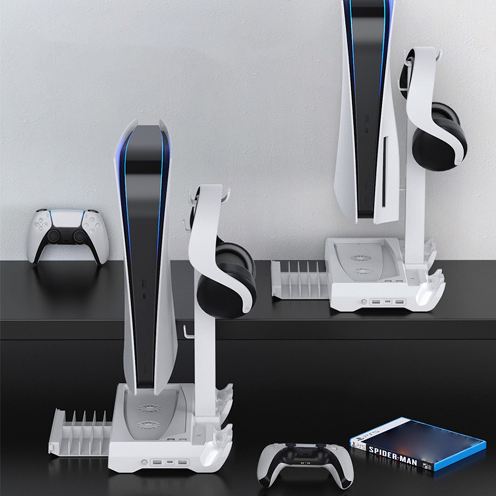 Sony PlayStation PS5 Halterung mit aktivem Lüfter und Controller Dual Ladestation   USB C / 2x USB A und Disk Ständer / Headset Halterung - Weiss