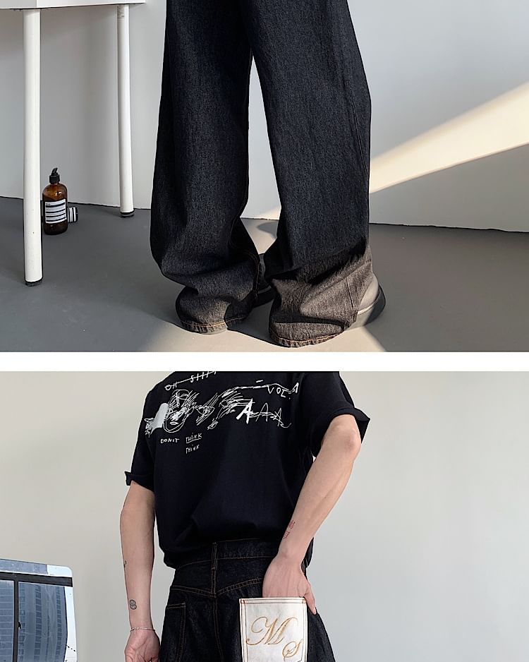 Omozando - Mid Rise Lettering Geborduurde Wijde Jeans