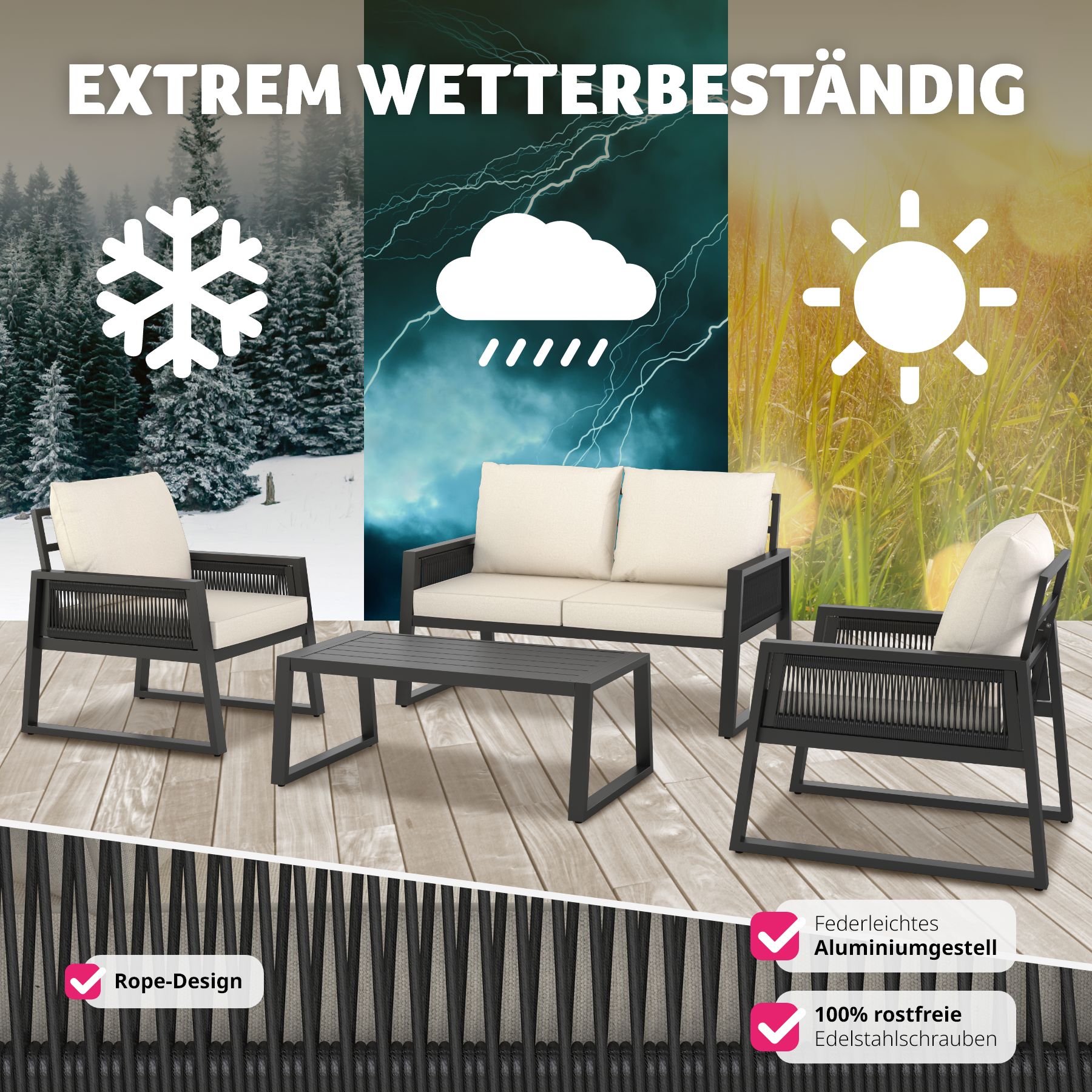 tectake® Garten-Lounge Set, im Rope-Design mit Aluminiumgestell, höhenverstellbare Füße, Tisch mit Lamellenmuster