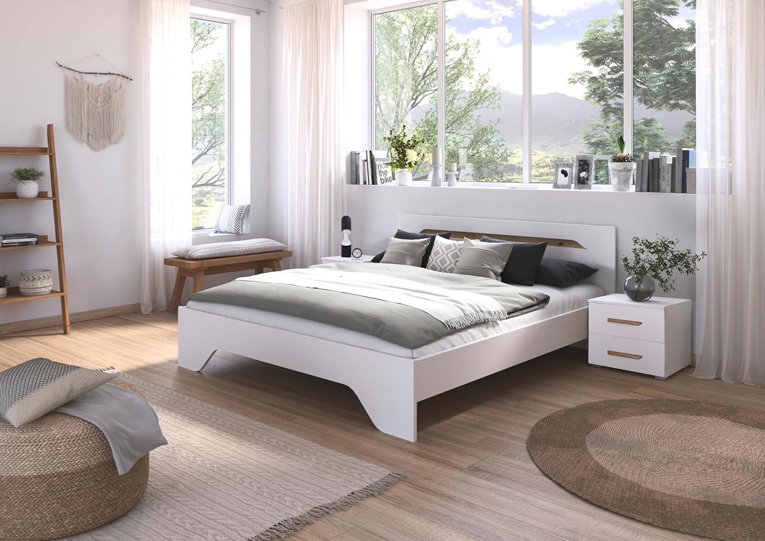 Rauch Möbel Alabama, Bett, Doppelbett für Schlafzimmer, Jugendzimmer, Gästezimmer, Kinderzimmer, Kopfteil mit elegantem Holz-Akzent, Liegefläche 180x200, Farbe Weiß, Maße 185x85x206cm