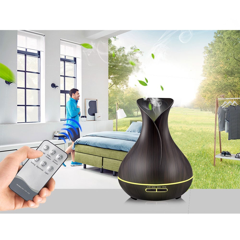 (550ml) Ultraschall Luftbefeuchter Aroma Öl Diffuser in Holz Optik   Fernbedienung mit LED Beleuchtung - Dunkelbraun