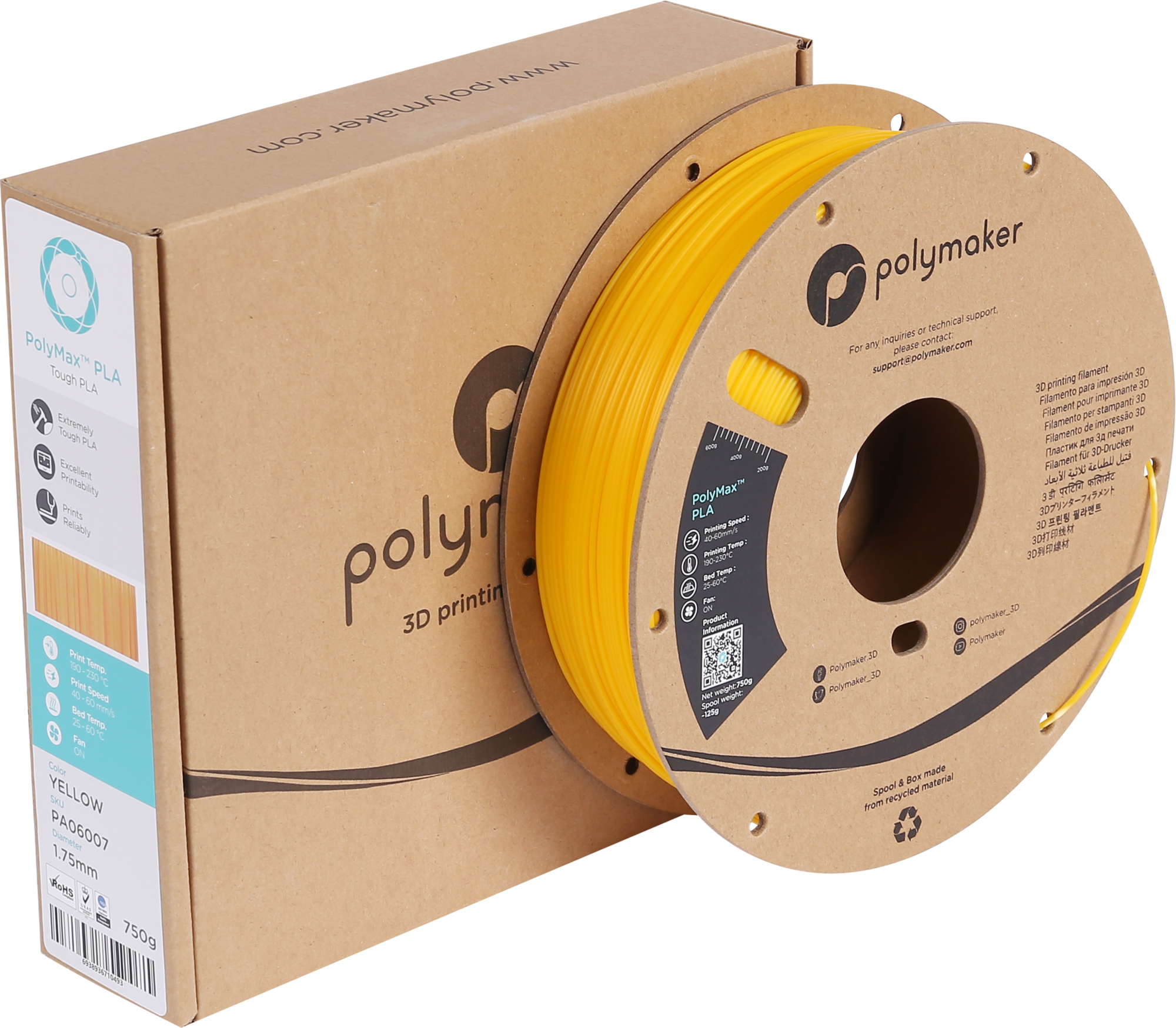 Polymaker  PolyMax PLA Gelb, 1,75 mm (750 g)    Das gelbe Filament mit 9-fach höherer Belastbarkeit als herkömmliches PLA