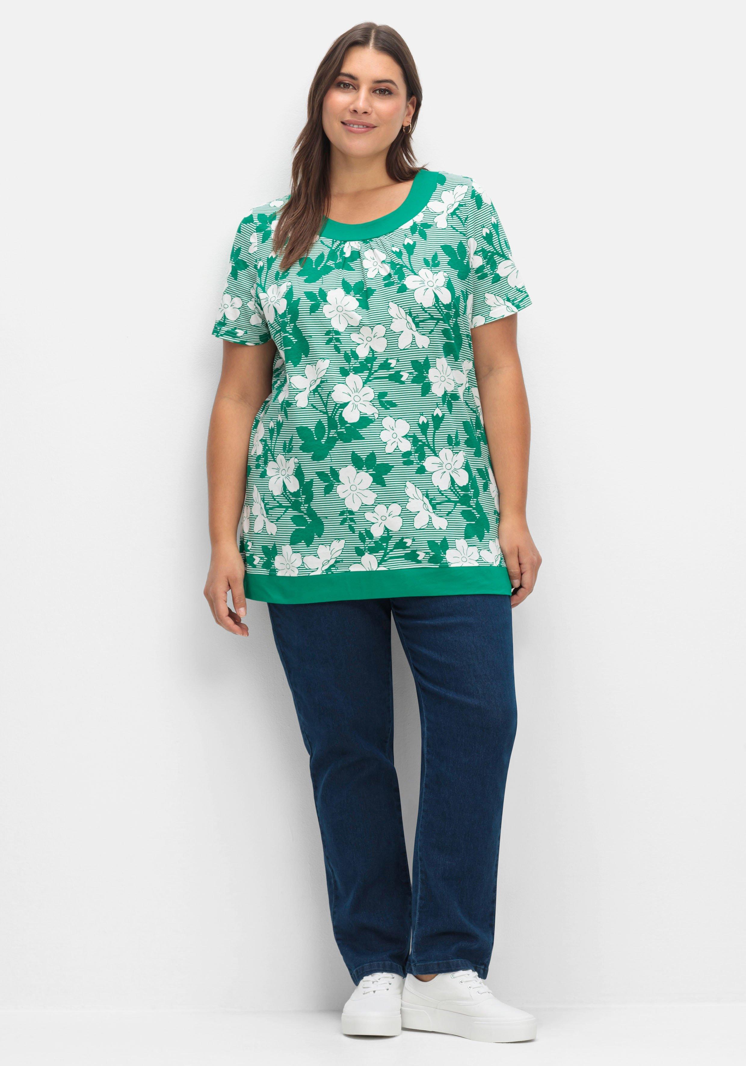 Shirt in leichter A-Linie, mit Blumendruck und Streifen
