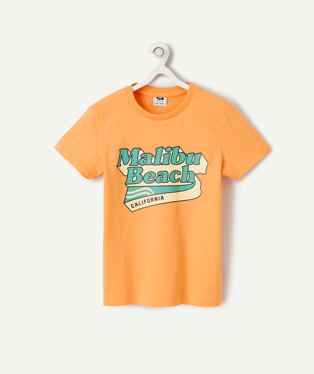 T-SHIRT MANCHES COURTES GARÇON 100% COTON ORANGE AVEC MOTIF MALIBU